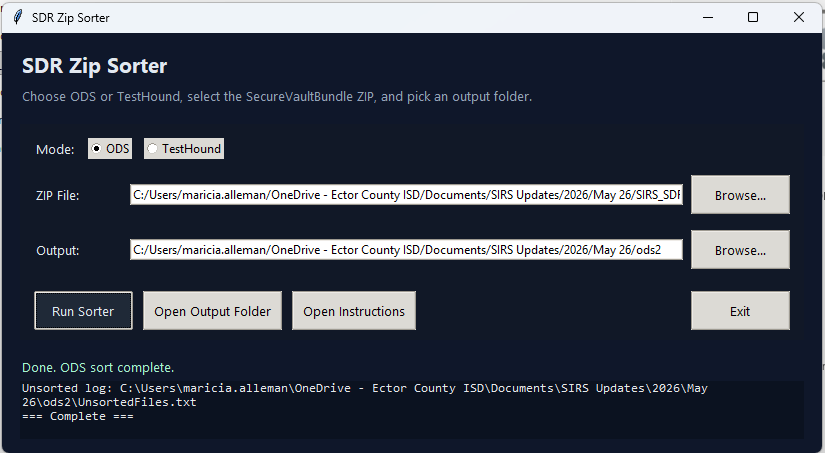 Screenshot of SDR Zip Sorter desktop application