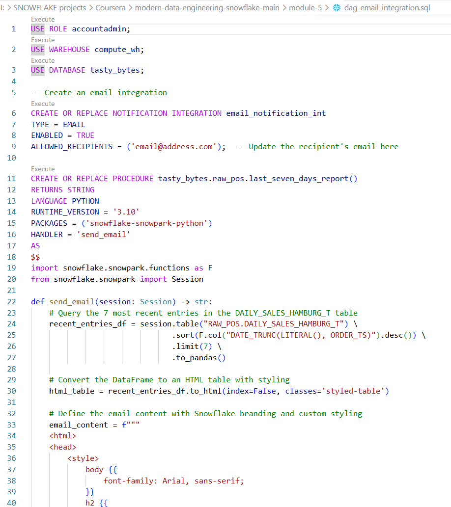Snowflake learning project screenshot
